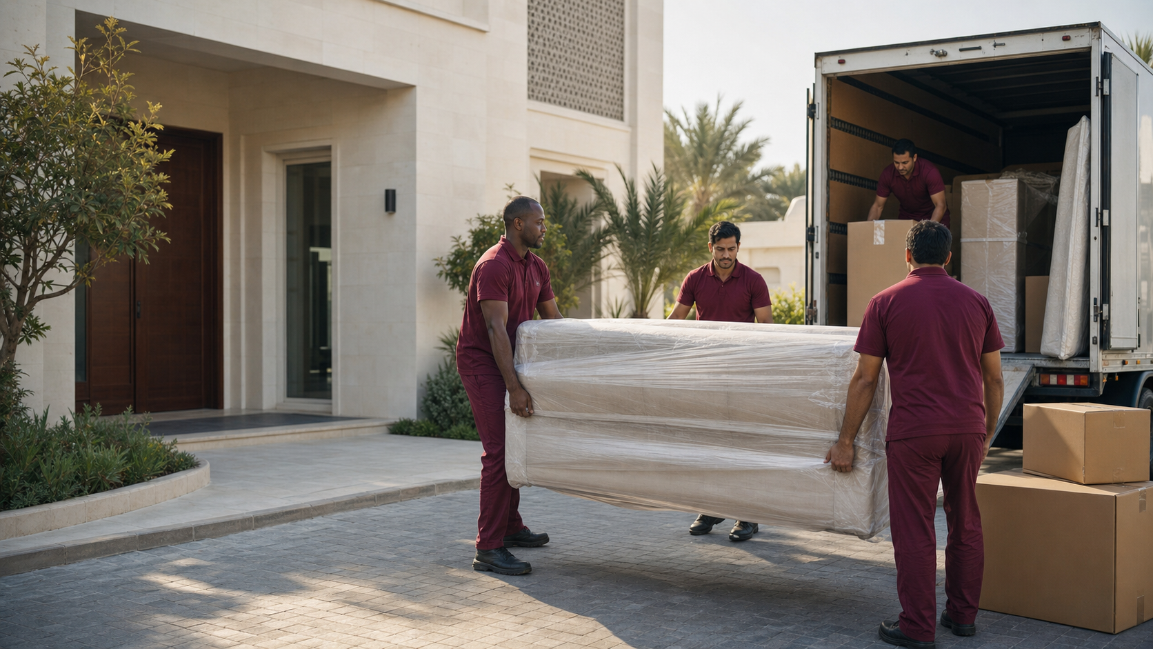 Concept scene of movers carefully loading a wrapped sofa outside a modern Doha villa