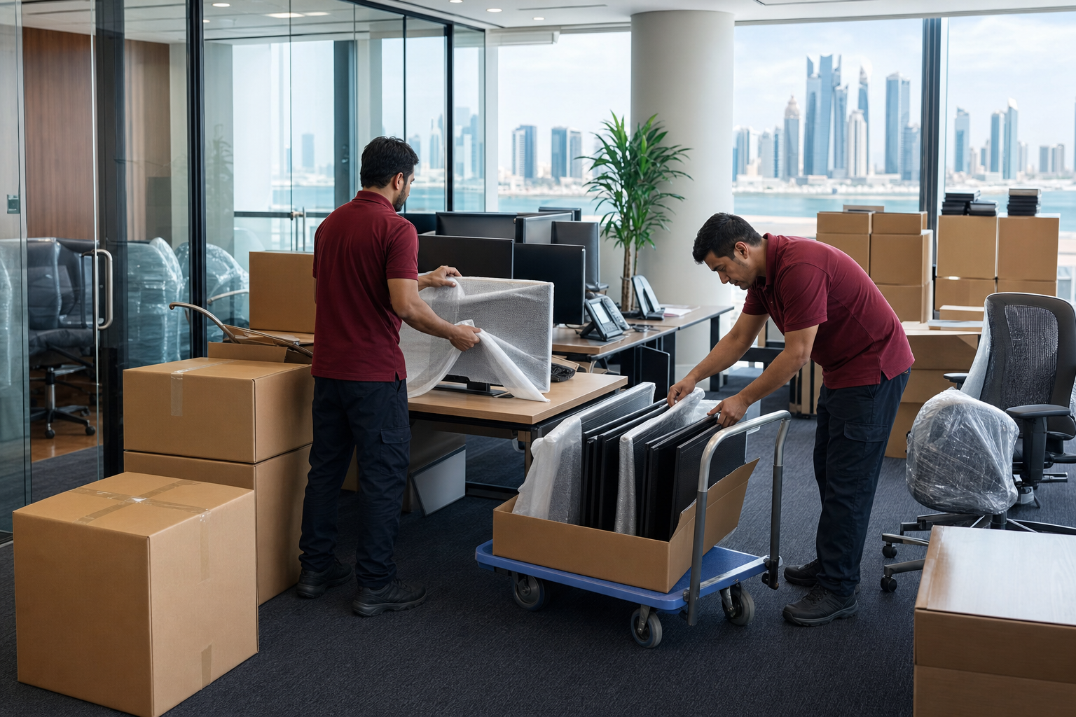 Concept office relocation scene with packed monitors