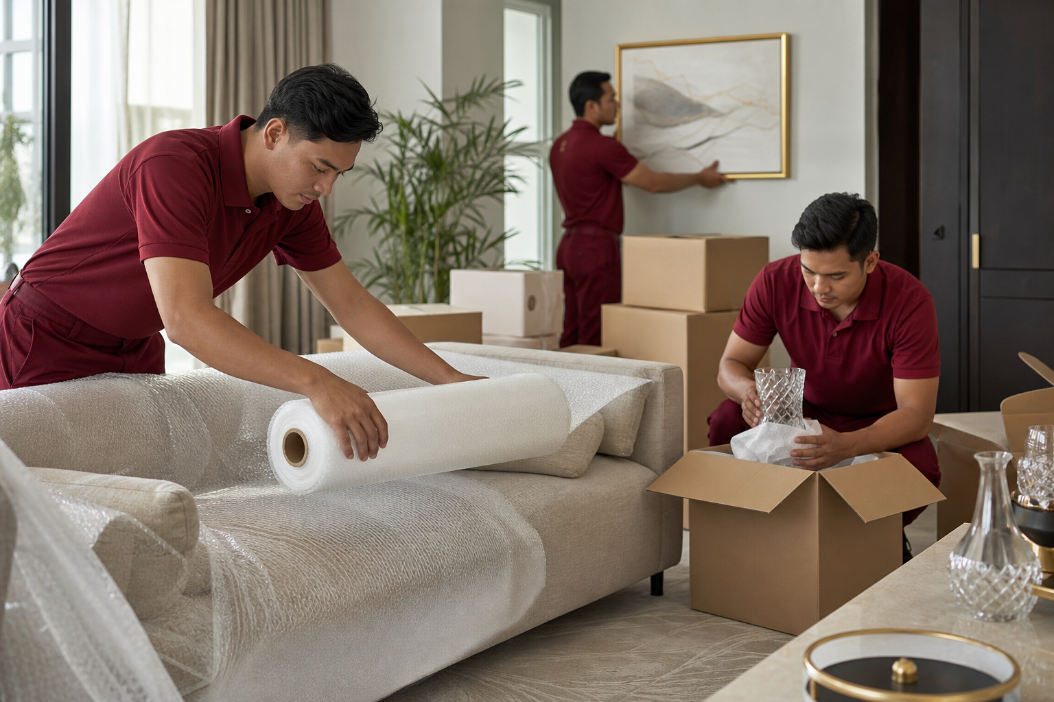Concept scene showing careful sofa and fragile-item packing