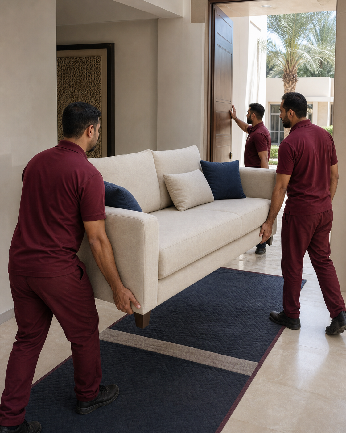Concept scene showing a coordinated team handling a sofa